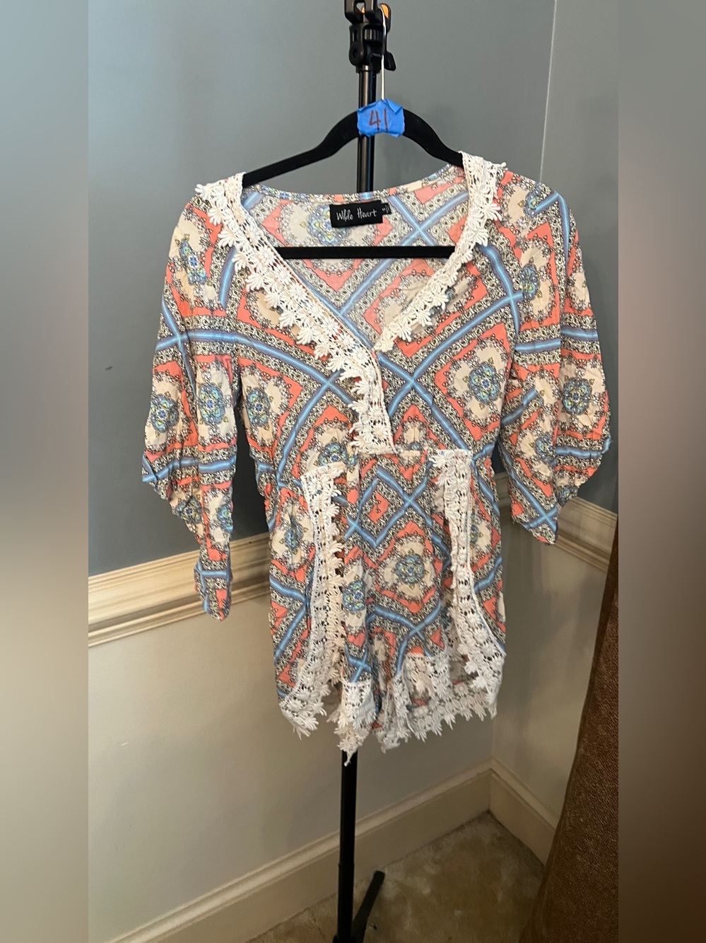 Coral & Light Blue Crochet-Trim V-Neck Tunic
